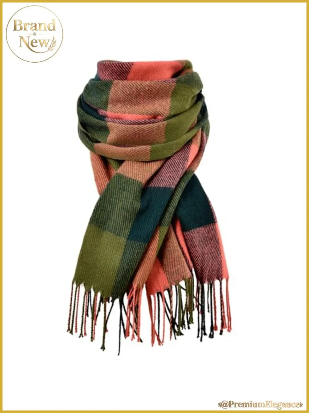 Acrylic Winter Scarf with Tassels and Plaid Design